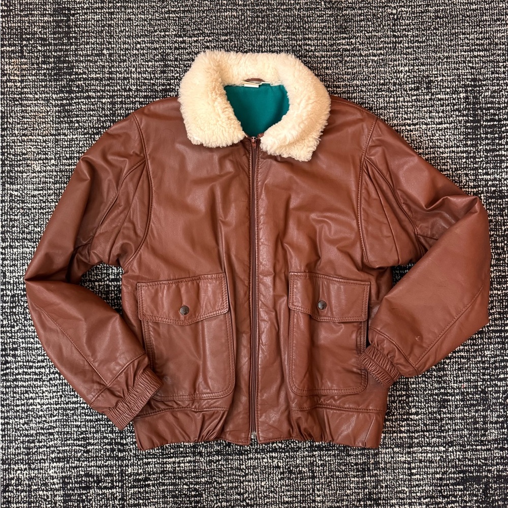 Vintage L.L. Bean Leather Bomber Jacket with Sheepskin Collar